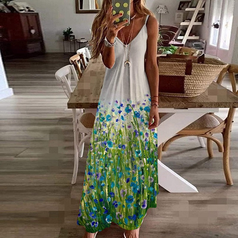 Damen Maxikleid Baumwolle Blumenprint V-Ausschnitt