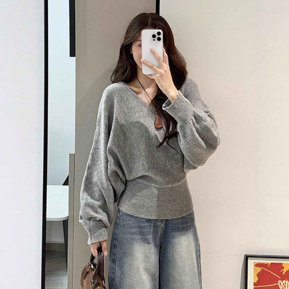 Damen Pullover V-Ausschnitt Taillengürtel Beige