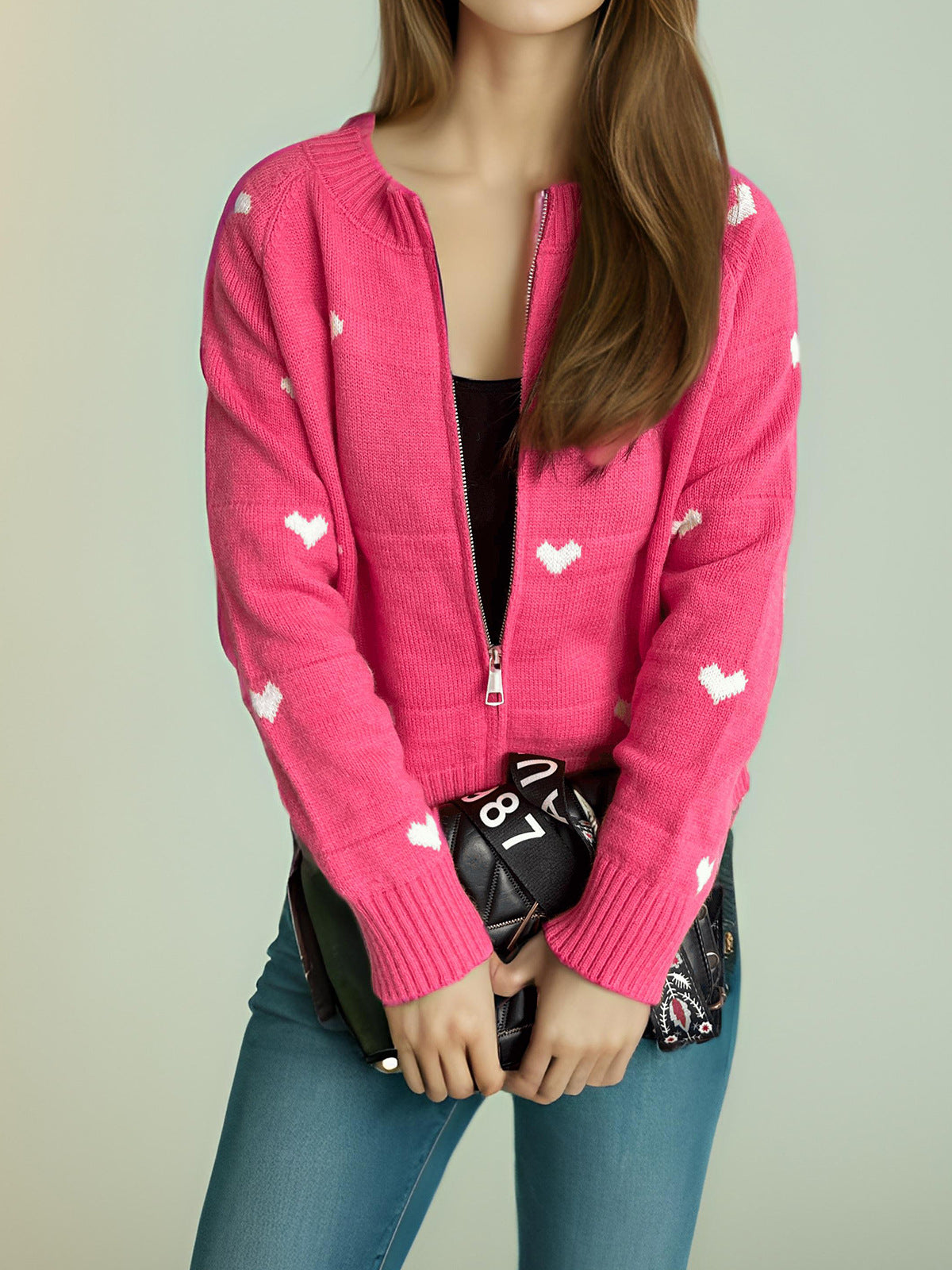 Damen Strickcardigan Herzmuster Reißverschluss Eveloria