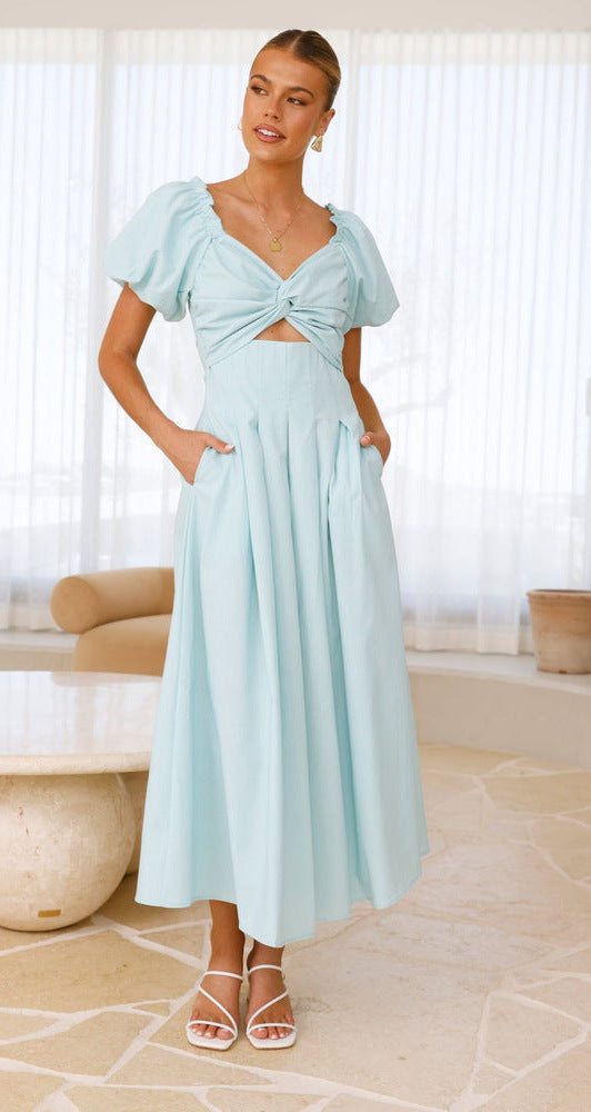 Damen Midikleid Puffärmel Verspielter Knoten Detail