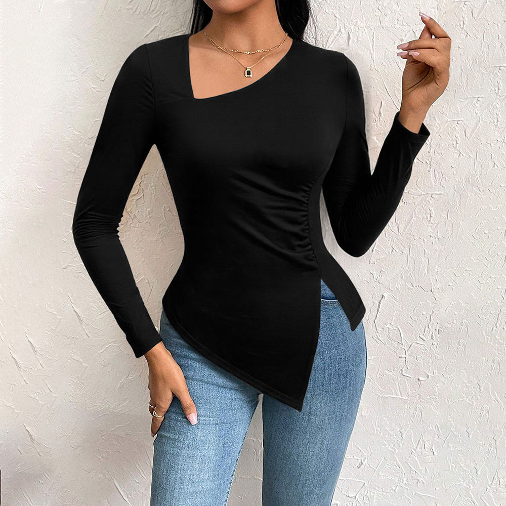 Damen Langarmshirt Asymmetrisch Raffung Schwarz Eveloria - Eveloria