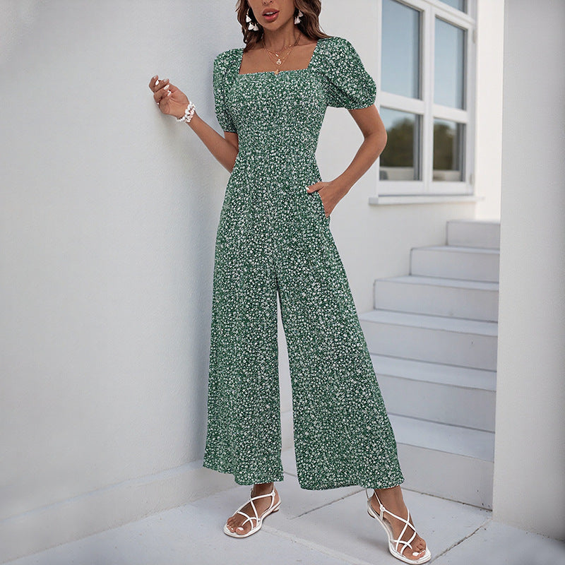 Damen Jumpsuit Elastischer Bund Puffärmel Eveloria