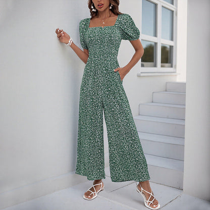 Damen Jumpsuit Elastischer Bund Puffärmel Eveloria