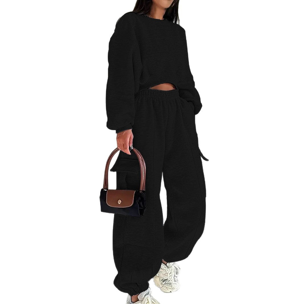Damen Sweatshirt Jogginghose Set Elastisch Hochtaschen Grau Eveloria