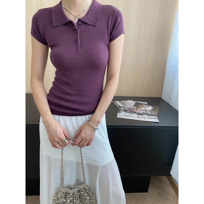 Damen Polo-Shirt Strick Knopfdetail Elegantes Design - Eveloria