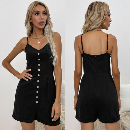 Damen Ärmelloser Jumpsuit Elastisch Mit Knöpfen Eveloria