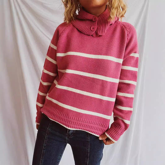 Damen Strickpullover Gestreift Modischer Kragen Eveloria - Eveloria