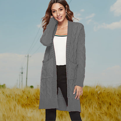 Damen Cardigan Grobstrick Zopfmuster Beige mit Taschen