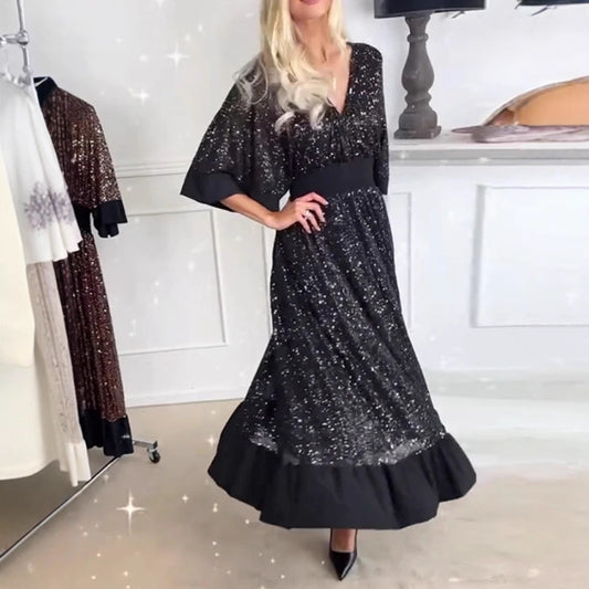 Eveloria Damen Abendkleid Voluminöse Ärmel Glitzer Effekt Schwarz - Eveloria