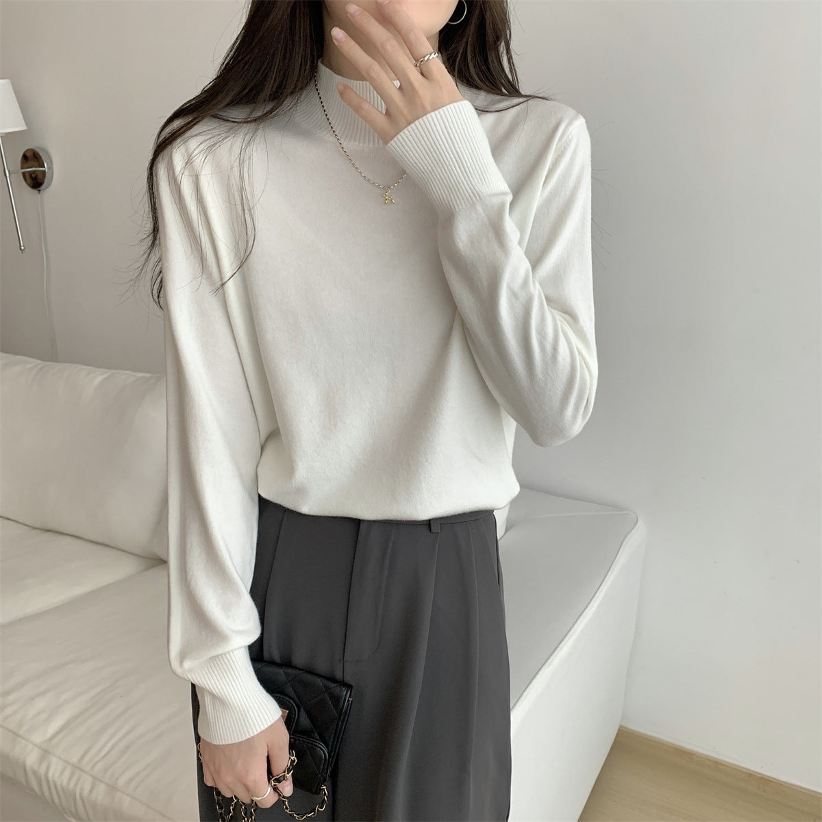 Damen Feinstrickpullover Stehkragen Lässig Eveloria