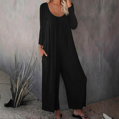 Damen Jumpsuit Weitgeschnitten Baumwolle Praktische Taschen Schwarz - Eveloria