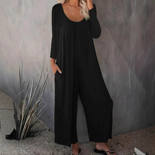 Damen Jumpsuit Weitgeschnitten Baumwolle Praktische Taschen Schwarz - Eveloria