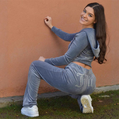 Damen Velours-Jogginganzug Glitzerakzente Elastischer Bund