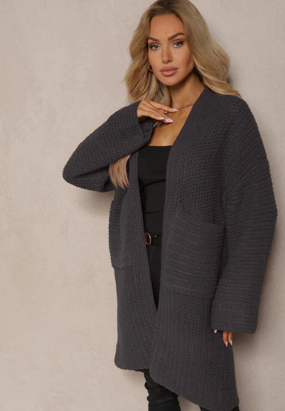 Damen Oversized Strickjacke V-Ausschnitt Taschen Beige