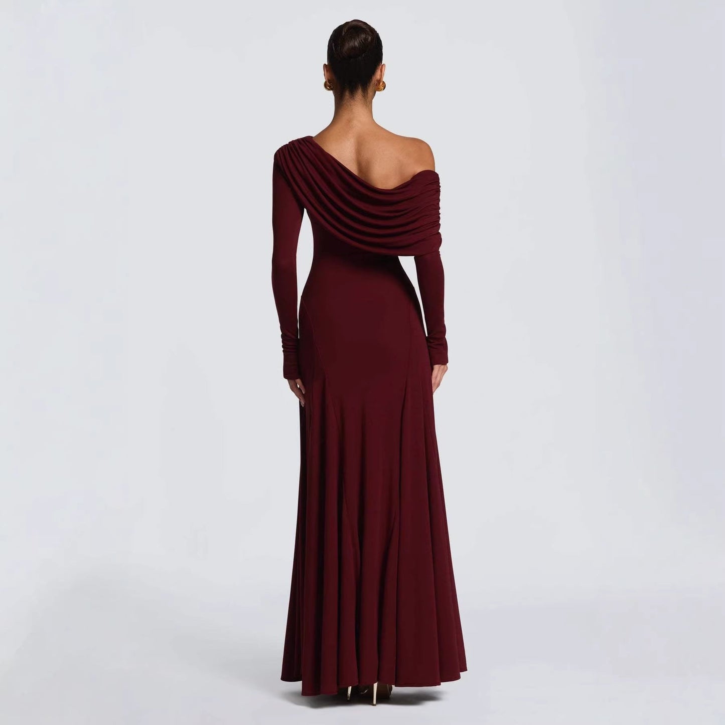 Damen Langarm-Maxikleid Asymmetrisch Drapierung Elegante Abendkleid