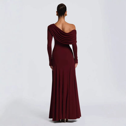 Damen Langarm-Maxikleid Asymmetrisch Drapierung Elegante Abendkleid