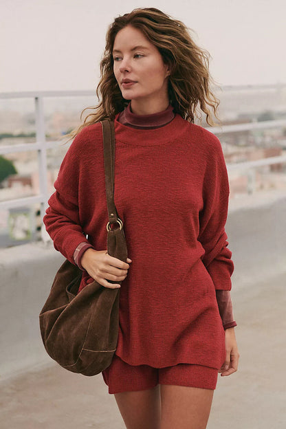 Damen Strick-Set Oversized Pullover Kurze Hose Grau Eveloria