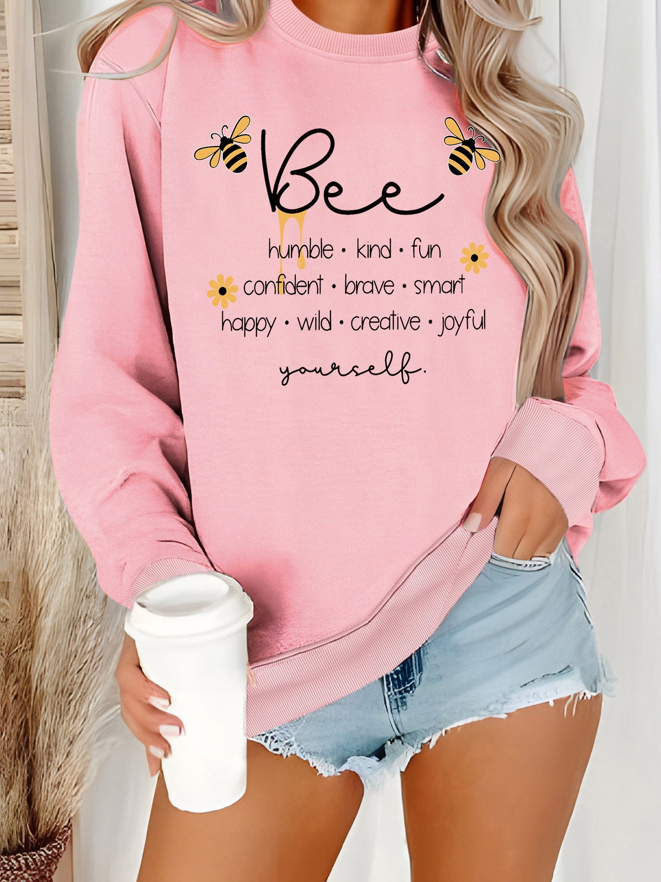 Damen Sweatshirt Bienenmotiv Positives Design Grau