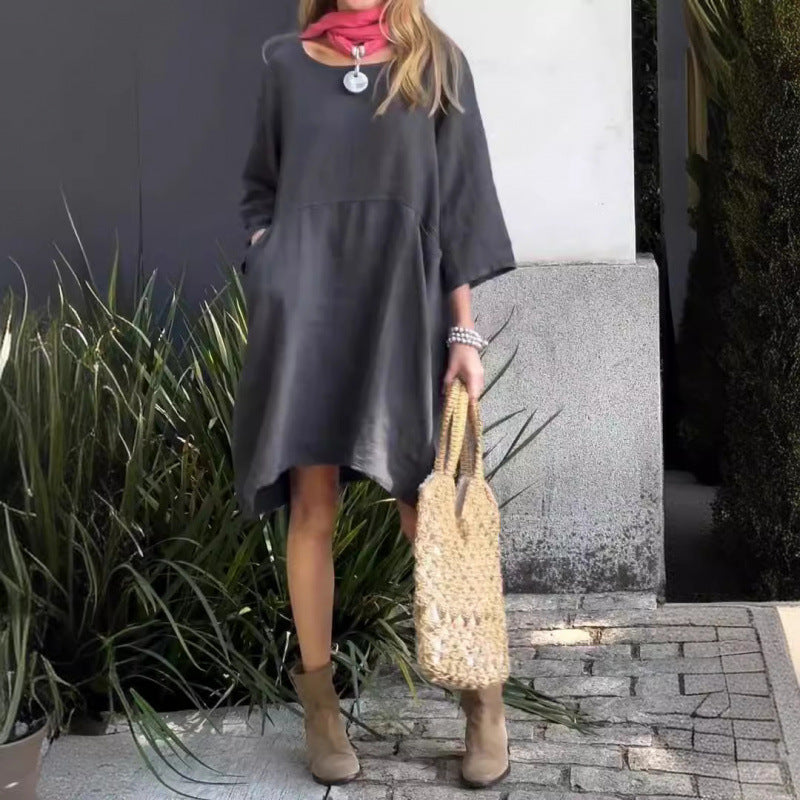 Eveloria Damenkleid Einfarbig Baumwolle Mit Taschen