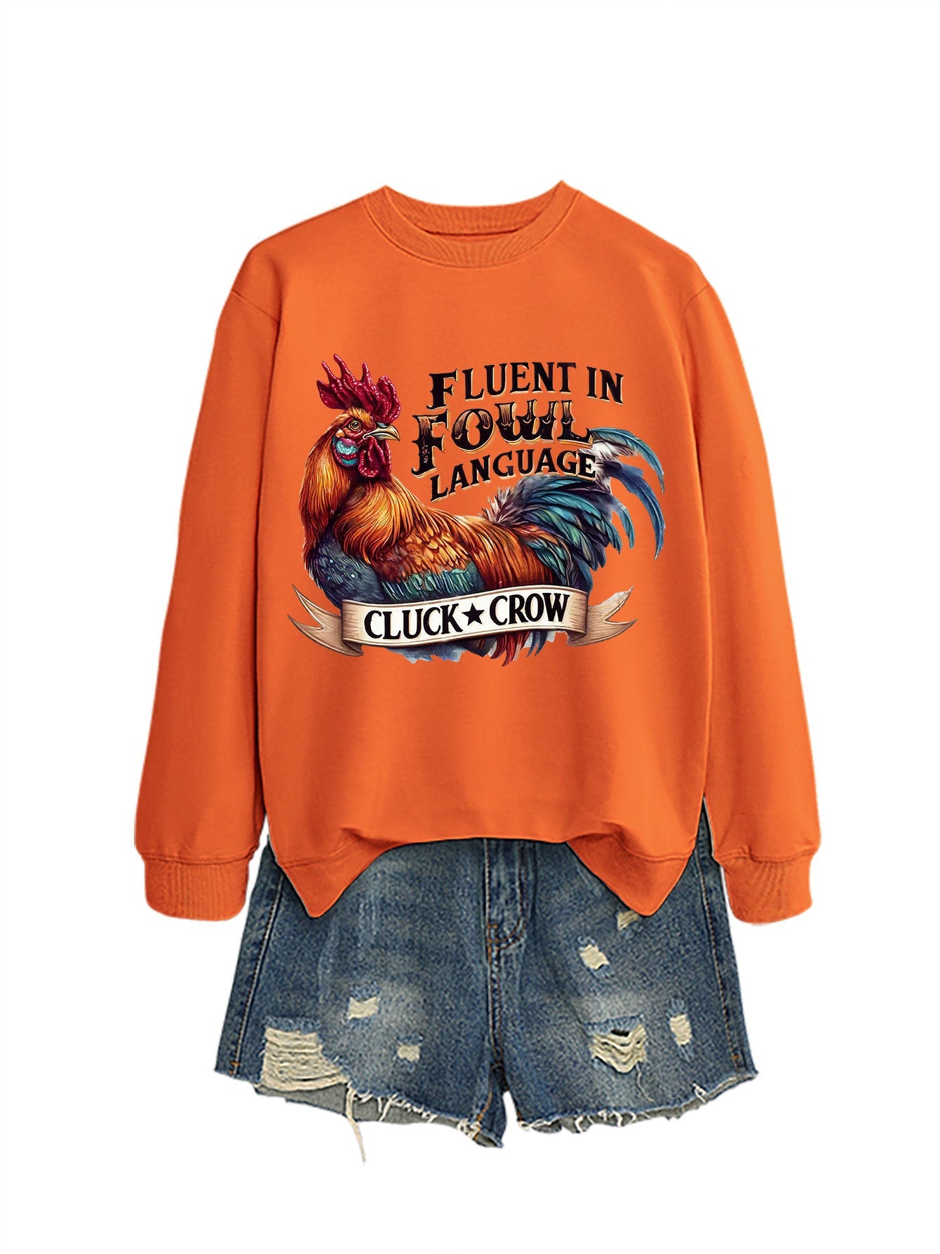 Damen Sweatshirt Hühnermotiv Bequem Grau Eveloria