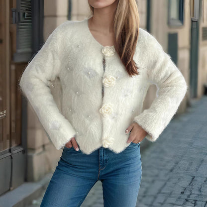 Damen Strickjacke Blumenapplikationen Perlenakzente Eveloria