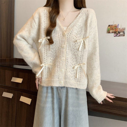 Damen Strickcardigan mit Schleifen Beige