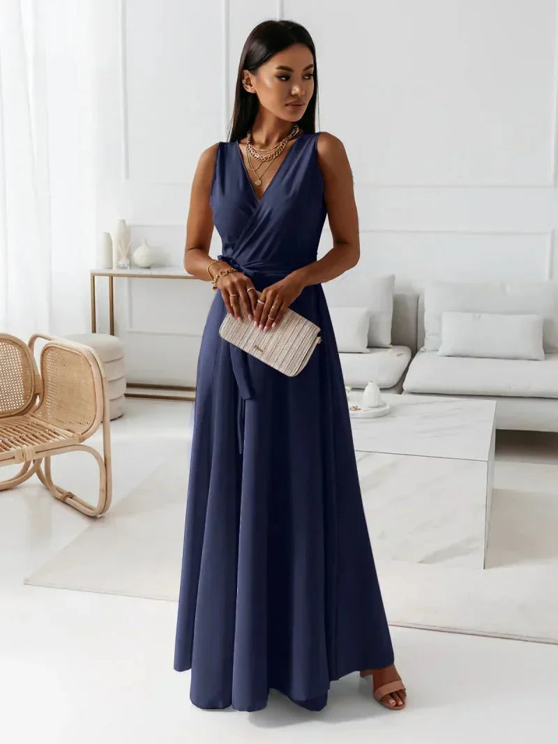 Damen Einfarbiges Langkleid V-Ausschnitt