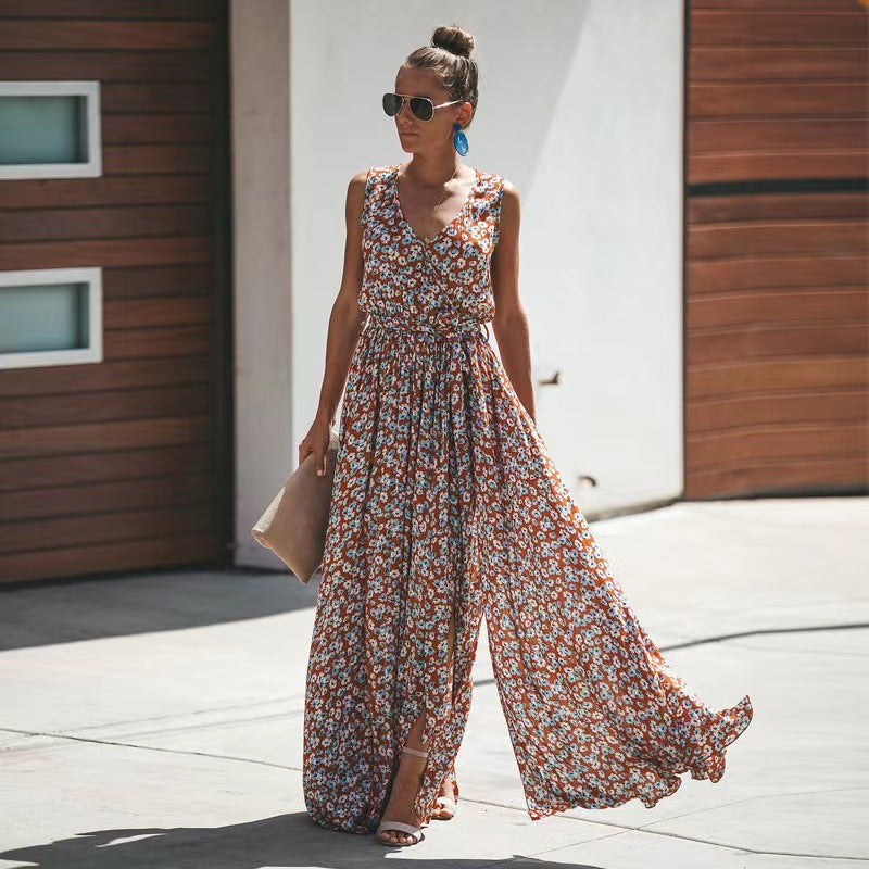 Damen Maxi-Kleid Floralmuster Hochschlitz Eveloria
