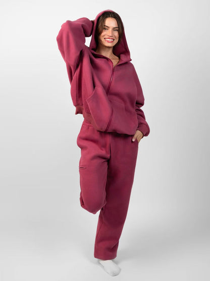 Damen Hoodie Jogginghose Set aus Fleece mit Taschen Beige
