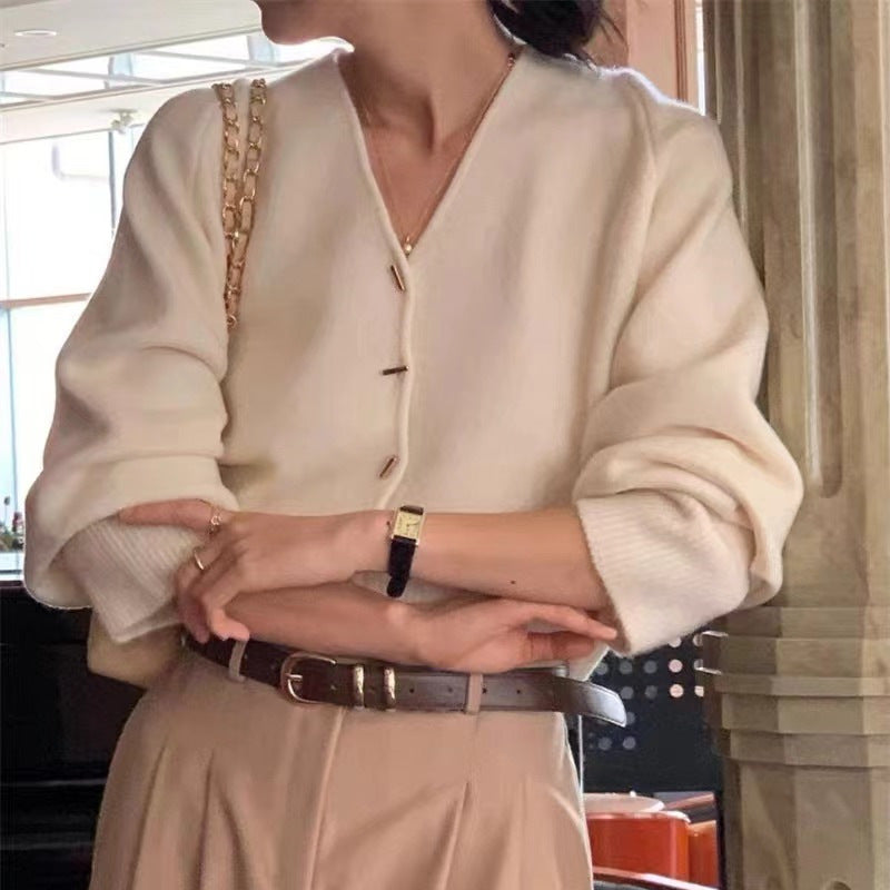 Damen Strickjacke V-Ausschnitt Elegante Knöpfe Beige
