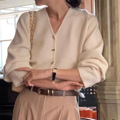 Damen Strickjacke V-Ausschnitt Elegante Knöpfe Beige