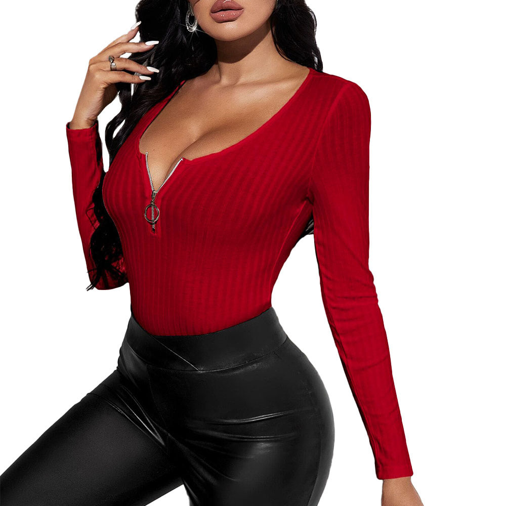 Damen Slim Fit Bodysuit V-Ausschnitt Reißverschluss Eveloria