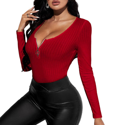 Damen Slim Fit Bodysuit V-Ausschnitt Reißverschluss Eveloria