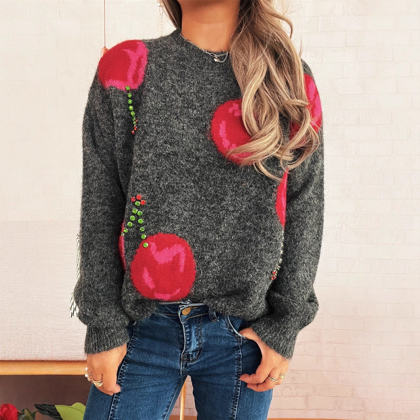 Damen Strickpullover Kuschelig Floralmuster Glitzernd