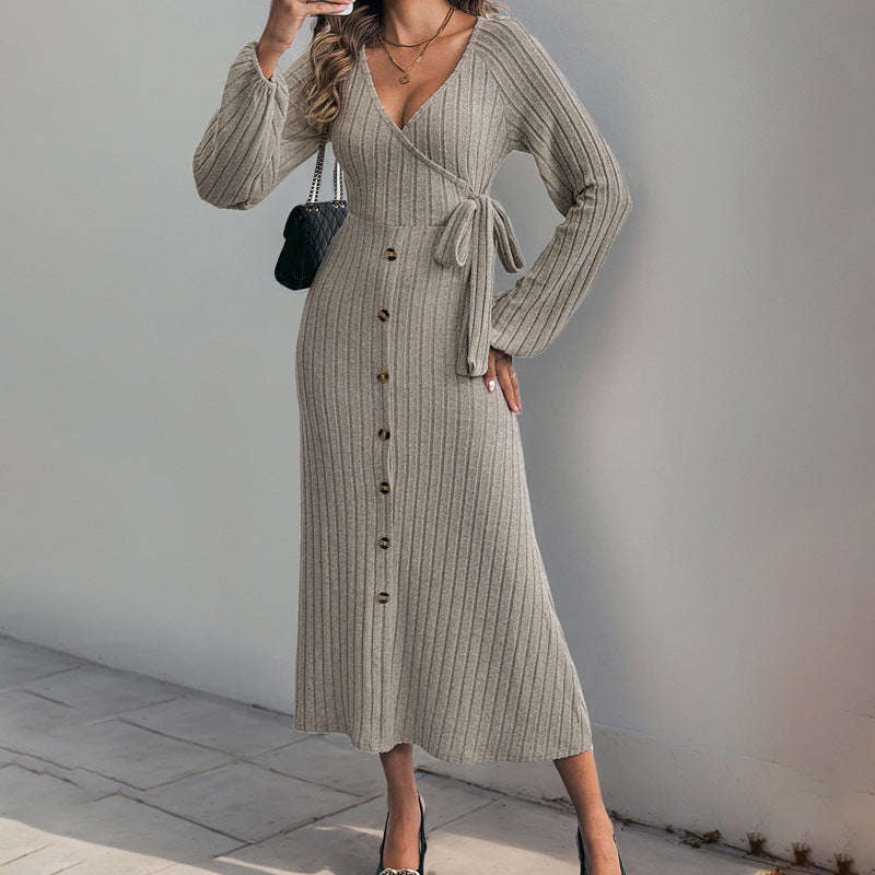 Damen Wickelkleid Strukturiertes Design Knöpfe Eveloria