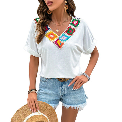Damen T-Shirt mit Häkel-Ausschnitt Bunt