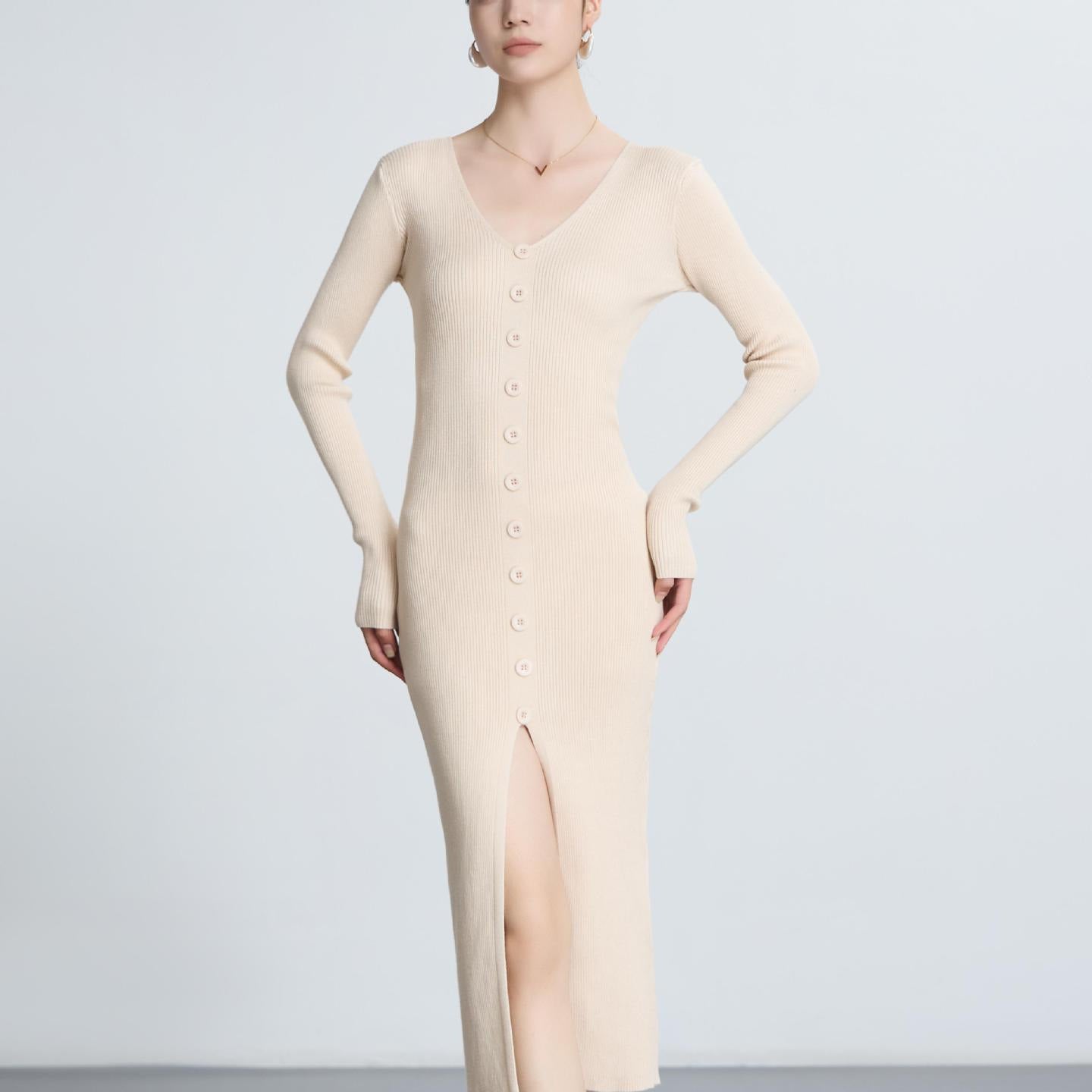 Damen Langarm Strickkleid V-Ausschnitt Durchgehende Knopfleiste