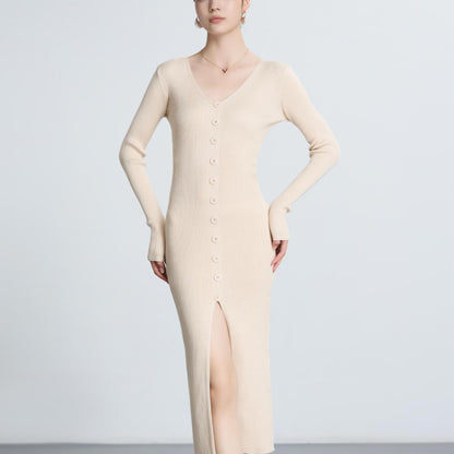 Damen Langarm Strickkleid V-Ausschnitt Durchgehende Knopfleiste