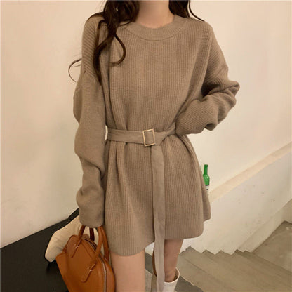 Damen Strickkleid Taillengürtel Lockerer Schnitt Beige