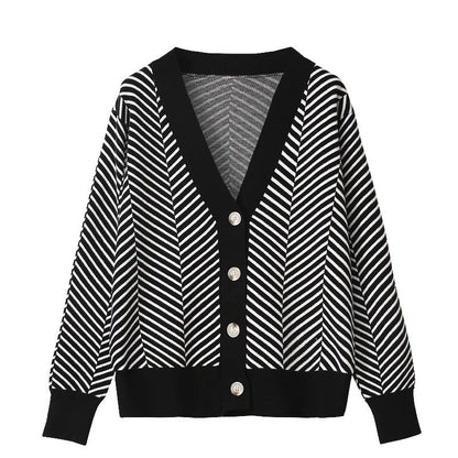Damen Strickjacke Chevron Muster Knopfverschluss Eveloria