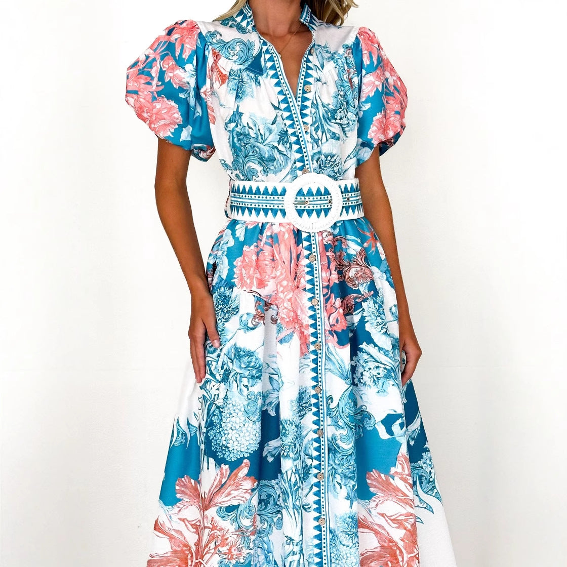 Damen Maxikleid Floralmuster Voluminöse Ärmel Eveloria
