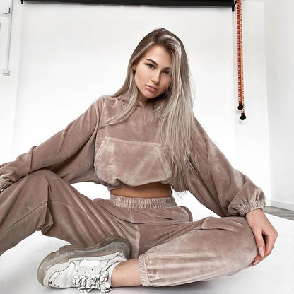 Damen Velours Loungewear-Set mit Cropped Hoodie und elastischer Hose
