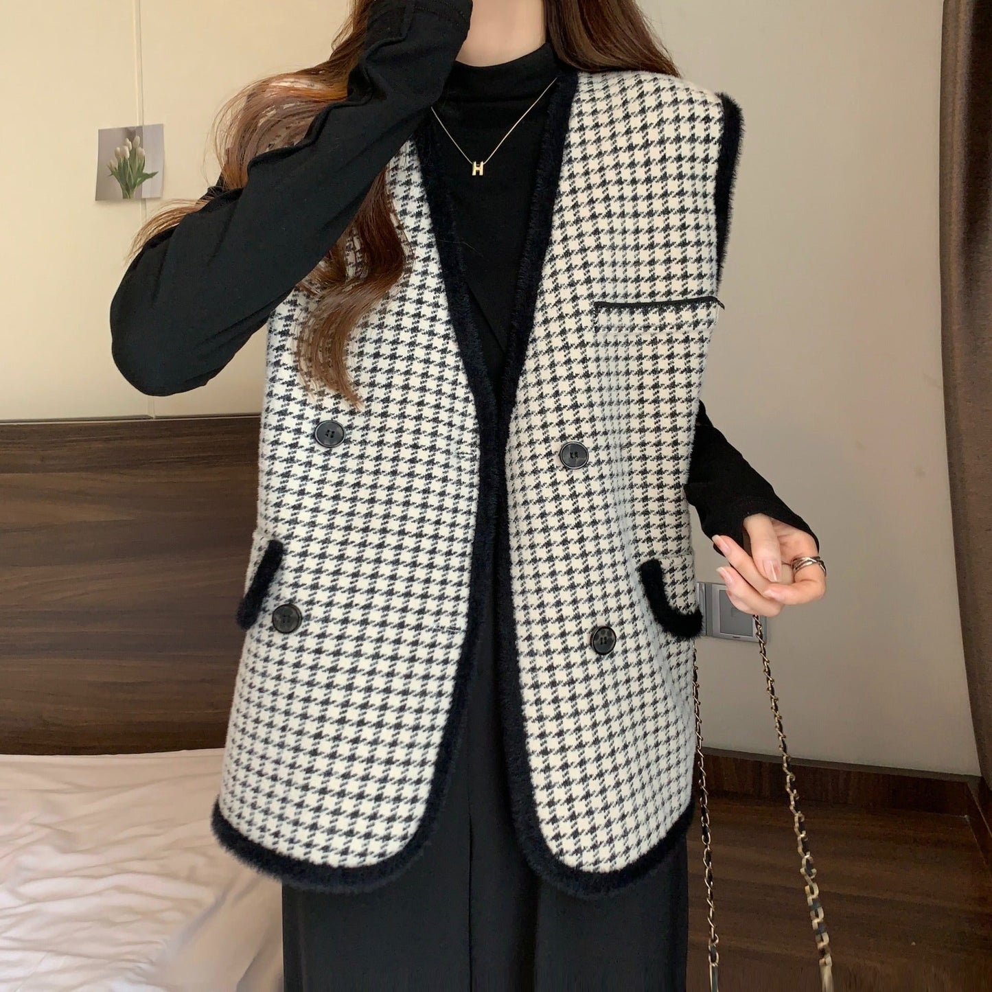 Damen Strickweste Karomuster Mit Taschen Anthrazit
