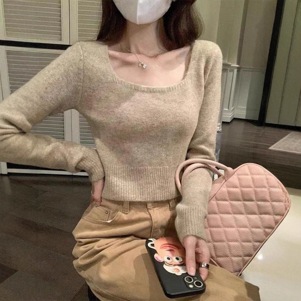 Damen Kurzpullover Quadrat-Ausschnitt Feinestricks Eveloria