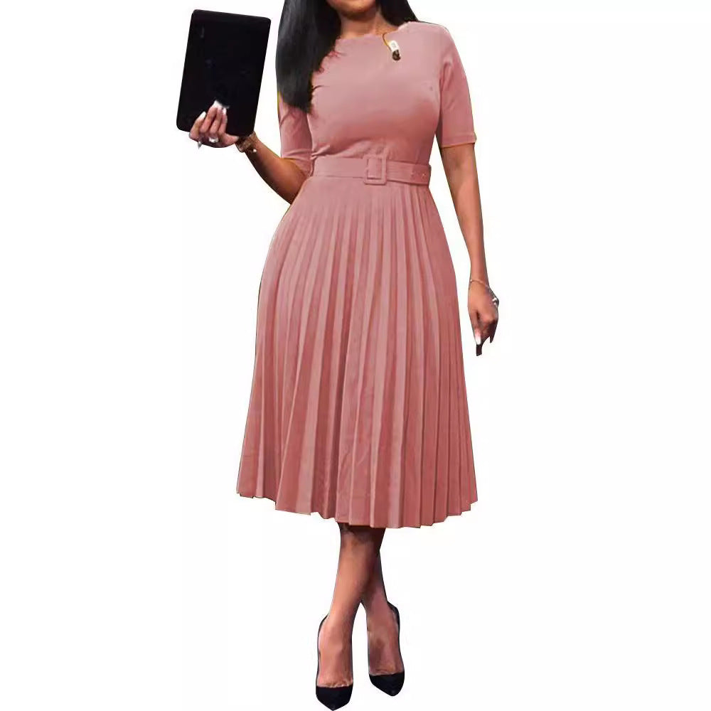 Damen Plissiertes Kleid mit Taillengürtel Kurzärmelig Eveloria