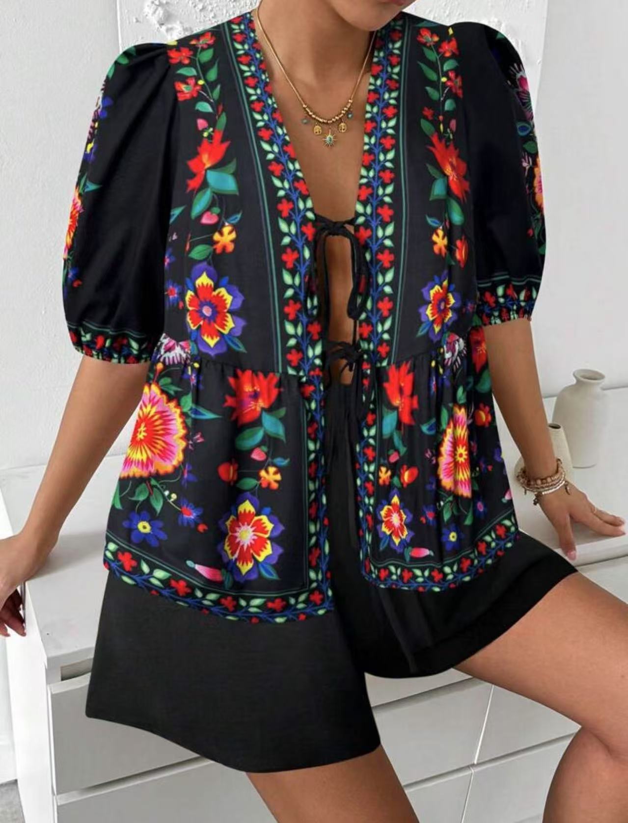Damen Blusenshirt Bunt Blumenmuster Locker Eveloria