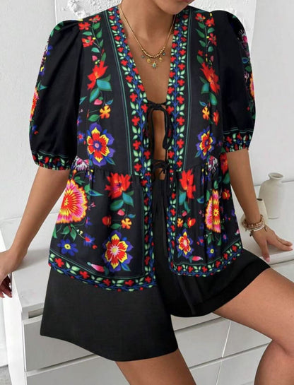 Damen Blusenshirt Bunt Blumenmuster Locker Eveloria