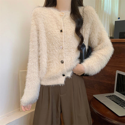 Damen Strickjacke Flauschig Länge Mit Knöpfen Langärmlig