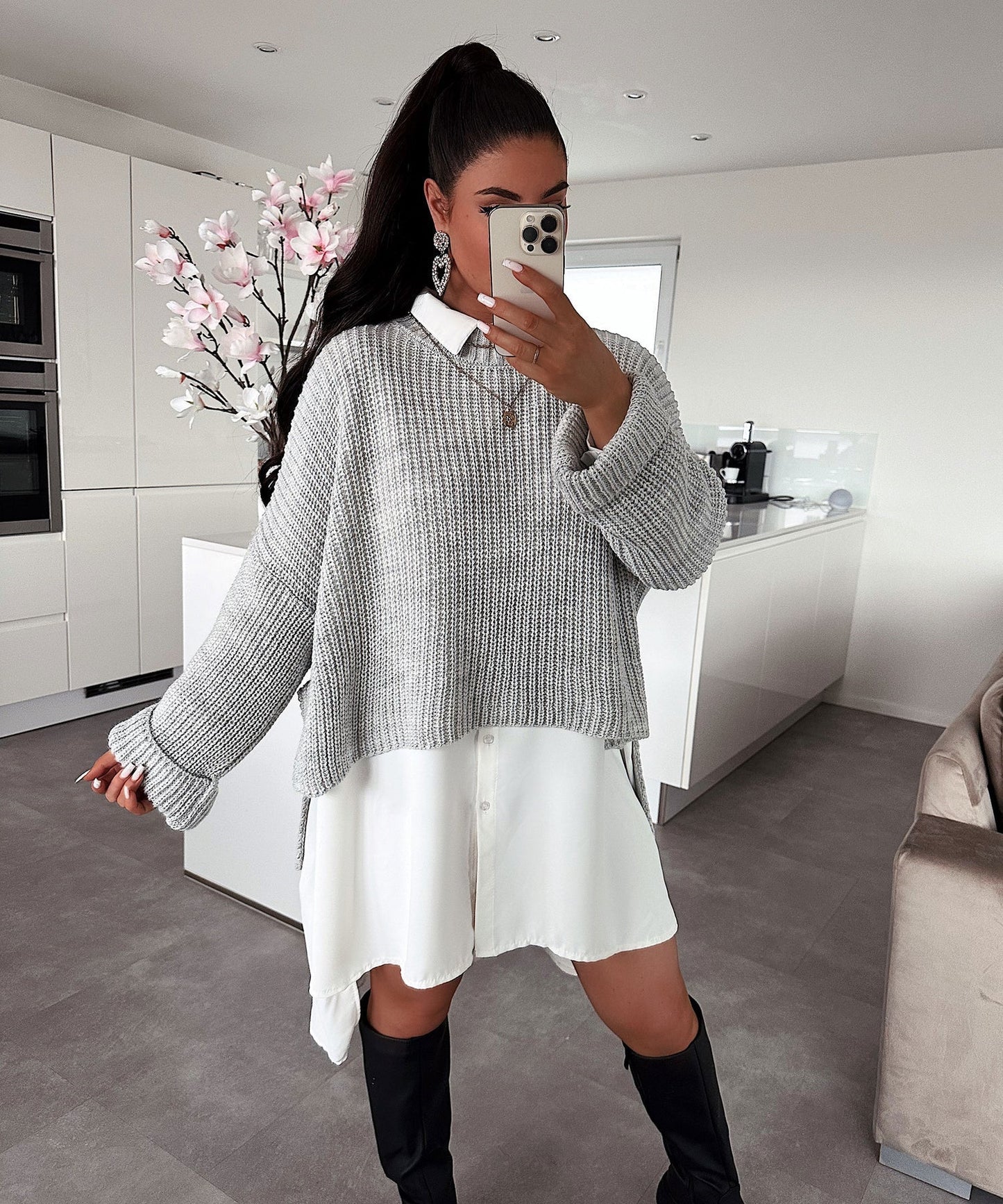 Damen Pullover Strukturiertes Gewebe Weit Schnitt Beige Eveloria