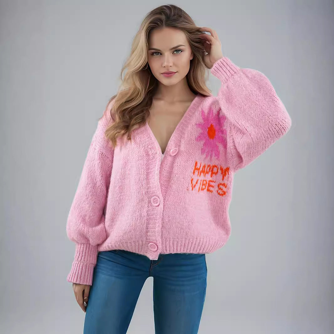 Damen Strickjacke Blumenmotiv Bunt Große Knöpfe - Eveloria